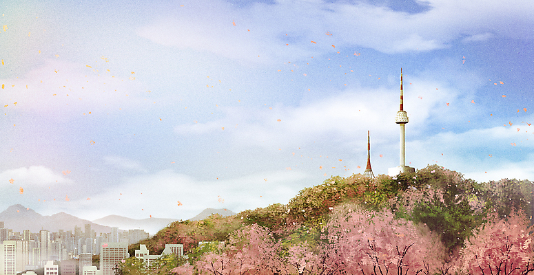 PSD 구름 꽃잎 일러스트 하늘 서울 빌딩 사람없음 건물 관광지 봄풍경 봄 벚꽃 도시 남산 남산타워 봄배경 와이드컷 국내일러스트 자연요소 건축물 계절 꽃 여행 백그라운드 한국 풍경 랜드마크 파일형식