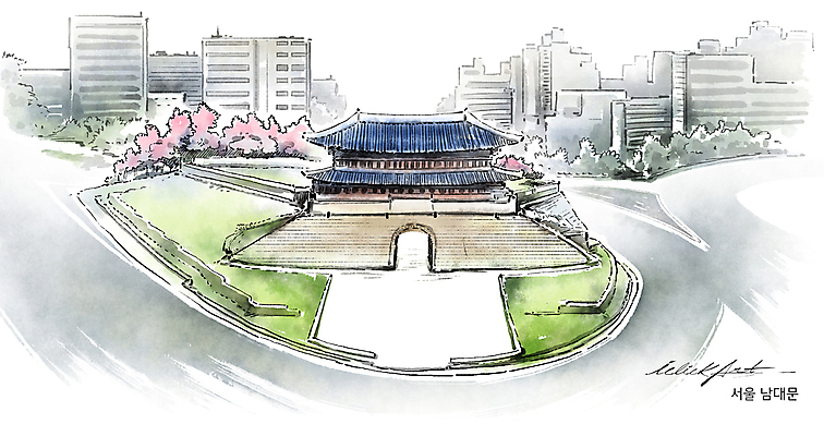 PSD 한국전통 도로 고건축 일러스트 붓터치 수채화 거리 서울 빌딩 사람없음 건물 도시풍경 도심 숭례문 국보 동양화 번짐 서울특별시 중구 전경 핫플레이스 국내일러스트 전통 건축물 길 교통시설 한국 미술 풍경 장소 문화재 도시 랜드마크 파일형식 탑뷰 효과