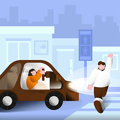 전신 여자 남자 일러스트 자동차 상반신 성인 두명 건물 파란색 갈색 손들기 걷기 보행자 횡단보도 도심 승차 신호등 전조등 건너기 얼굴없음 성인만 모빌리티 국내일러스트 AI파일 건축물 육상교통 교통수단 컬러 모션 조명 사람 도시 보행로 파일형식 벡터