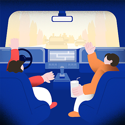 전신 여자 남자 도로 음료 일러스트 자동차 들기 앉기 성인 두명 파란색 노란색 손들기 스마트 약도 네비게이션 백미러 음료수병 자동차내부 자동차핸들 얼굴없음 성인만 자율주행 모빌리티 국내일러스트 AI파일 길 육상교통 교통수단 컬러 컨셉 지도 교통시설 모션 사람 내부 운전 핸들 병_담는 파일형식 벡터 4차산업