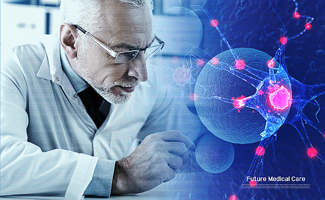 PSD 서양인 편집이미지 응시 노년 남자 의학 미래 세포 실험 한명 상반신 파란색 바이러스 60대 연구원 노인남자한명만 안경낌 이미지편집 외국인 직업 1 시선 안경 컬러 컨셉 사람 성인 남자한명만 노인남자만 파일형식