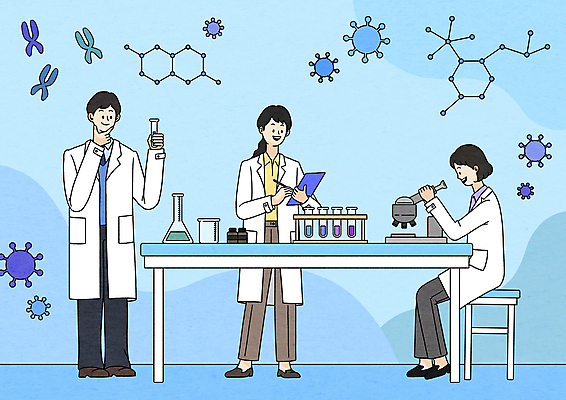 PSD 여자 남자 하늘색 의자 일러스트 현미경 실험 들기 앉기 성인 세명 망원경 기록 연구실 바이러스 연구원 책상 문서 비커 염색체 성인만 신약개발 신약_의학 국내일러스트 직업 가구 의학 모션 실험기구 사람 파란색 생명공학 개발 파일형식