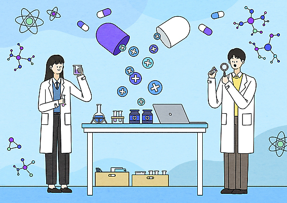 전신 PSD 여자 남자 하늘색 일러스트 돋보기 건강 실험 서기 들기 성인 두명 노트북 알약 연구실 약병 연구원 비커 십자가모양 성인만 신약개발 신약_의학 국내일러스트 모양 직업 십자가 의학 모션 실험기구 사람 파란색 전자제품 약 개발 병_담는 파일형식