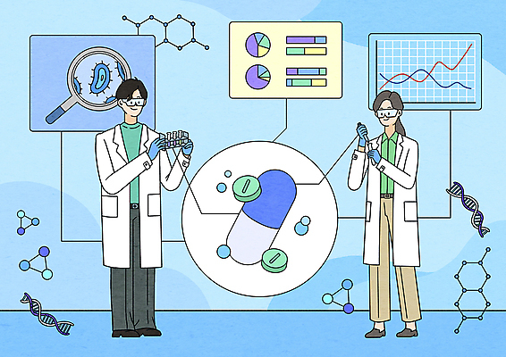 전신 PSD 여자 남자 하늘색 일러스트 돋보기 그래프 세포 실험 서기 들기 성인 두명 알약 연구실 바이러스 DNA 연구원 스포이트 시험관 비커 원그래프 보안경 성인만 신약개발 신약_의학 국내일러스트 직업 의학 모션 실험기구 사람 파란색 약 생명공학 안전장비 개발 피펫 파일형식