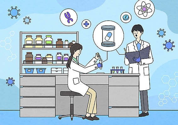 전신 PSD 여자 남자 하늘색 의자 일러스트 선반 세포 실험 서기 들기 앉기 성인 두명 알약 연구실 약병 DNA 연구원 스포이트 시험관 비커 염색체 성인만 신약개발 신약_의학 국내일러스트 직업 가구 의학 모션 실험기구 사람 파란색 약 생명공학 개발 피펫 병_담는 파일형식