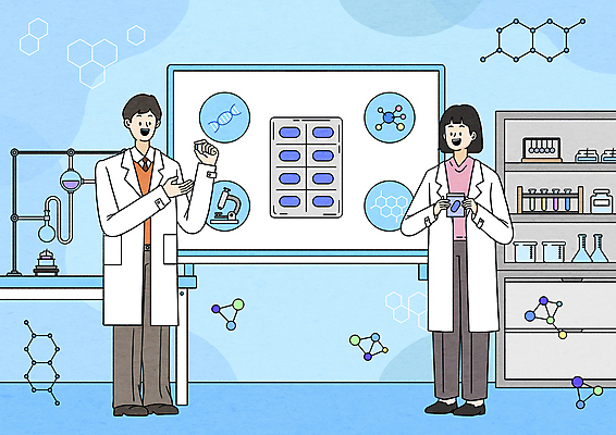 전신 PSD 여자 남자 하늘색 일러스트 선반 실험기구 서기 들기 성인 두명 알약 가리킴 연구실 연구원 화이트보드 비커 성인만 신약개발 신약_의학 국내일러스트 직업 과학 가구 의학 모션 사람 손짓 파란색 약 개발 파일형식