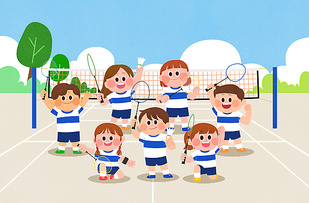 전신 PSD 나무 여자 남자 어린이 스포츠 포즈 하늘색 일러스트 서기 들기 소녀 소년 여러명 손들기 코트 라켓 배드민턴라켓 무릎꿇기 셔틀콕 배드민턴 배드민턴선수 배드민턴장 베이지색 어린이만 국내일러스트 식물 스포츠용품 컬러 다수 모션 운동선수 사람 파란색 구기 외투 파일형식