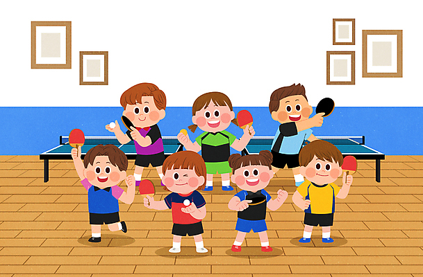 전신 PSD 여자 남자 어린이 스포츠 허리손 일러스트 들기 소녀 소년 여러명 손들기 탁구채 탁구 탁구공 탁구선수 탁구대 탁구장 어린이만 국내일러스트 포즈 다수 공 스포츠시설 모션 운동선수 사람 구기 라켓 탁구용품 파일형식