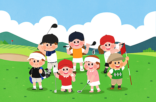 전신 PSD 구름 여자 남자 어린이 스포츠 골프 일러스트 골프장 산 골프공 들기 앉기 소녀 소년 여러명 초록색 골프채 골퍼 스윙 무릎꿇기 골프가방 골프웨어 골프장갑 골프깃발 어린이만 국내일러스트 자연요소 옷 컬러 포즈 장갑 다수 가방 공 스포츠시설 모션 운동선수 골프용품 사람 구기 깃발 파일형식