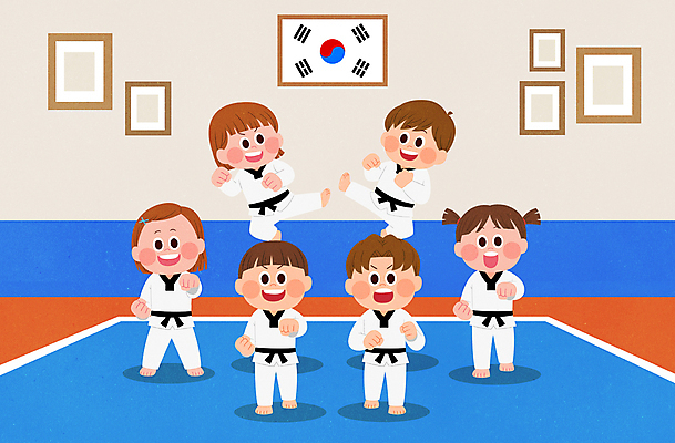 전신 PSD 여자 남자 어린이 스포츠 포즈 일러스트 서기 소녀 소년 여러명 파란색 점프 펀치 킥 태권도 태권도복 태권도선수 품새 태권도장 어린이만 국내일러스트 컬러 다수 모션 운동선수 도복 사람 격투기 학원 파일형식