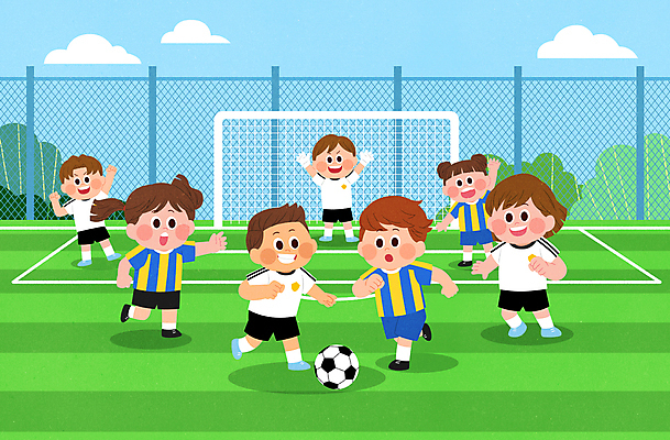 전신 PSD 여자 남자 어린이 스포츠 하늘색 일러스트 축구공 축구선수 서기 소녀 소년 여러명 연두색 달리기 손들기 축구 축구장 축구골대 골키퍼 축구유니폼 어린이만 국내일러스트 다수 유니폼 공 축구용품 스포츠시설 모션 운동선수 사람 초록색 파란색 구기 골대 파일형식