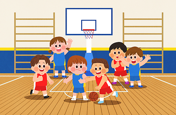 전신 PSD 여자 남자 어린이 스포츠 일러스트 농구 농구공 서기 소녀 소년 여러명 달리기 손들기 농구선수 농구대 농구복 농구장 베이지색 어린이만 국내일러스트 컬러 다수 공 스포츠시설 모션 운동선수 사람 운동복 구기 골대 파일형식