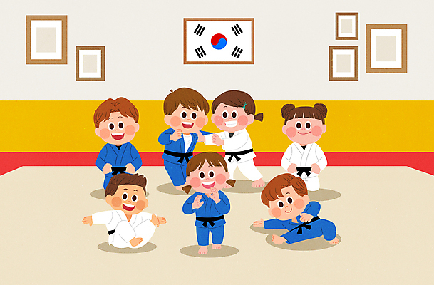 전신 PSD 여자 남자 어린이 스포츠 포즈 일러스트 스포츠시설 서기 앉기 소녀 소년 여러명 운동 태극기 체육관 유도 유도선수 유도복 베이지색 어린이만 국내일러스트 컬러 다수 모션 운동선수 건강 도복 사람 격투기 국기 시설 파일형식