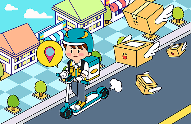 전신 남자 도로 하늘색 말풍선 날개 일러스트 주택 한명 서기 성인 택배기사 배달원 헬멧 배송 택배 택배상자 배달원가방 위치정보 성인남자한명만 전동퀵보드 국내일러스트 AI파일 직업 1 길 육상교통 교통시설 모션 사람 건물 파란색 상자 정보 운송업 보호장비 퀵보드 남자한명만 성인남자만 파일형식 벡터