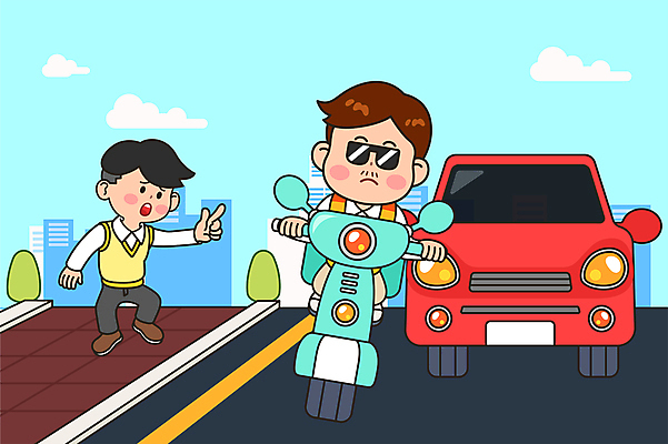 전신 구름 남자 도로 하늘색 일러스트 자동차 서기 성인 두명 선글라스 오토바이 가리킴 보행로 배달원 승차 위험 배송 과정 난폭운전 라이더 성인남자만 국내일러스트 AI파일 자연요소 직업 안경 길 육상교통 컨셉 교통시설 모션 사람 손짓 파란색 바이크 운전 남자만 성인만 파일형식 벡터