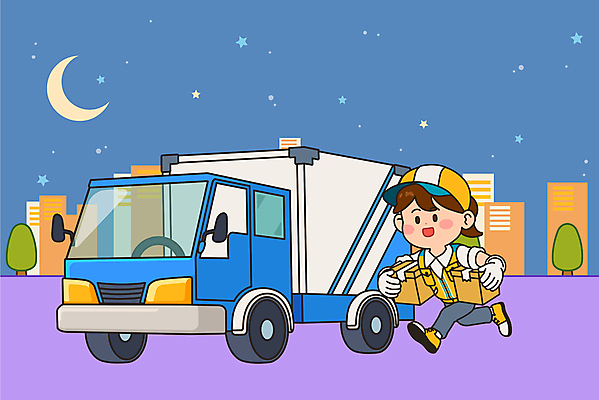 전신 여자 별 일러스트 한명 들기 성인 파란색 달리기 보라색 택배기사 야간 택배 택배상자 성인여자한명만 새벽배송 탑차 국내일러스트 AI파일 자연요소 1 컬러 모션 사람 상자 트럭 운송업 배달원 배송 여자한명만 성인여자만 파일형식 벡터