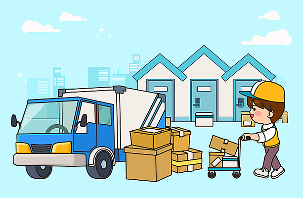 전신 구름 남자 하늘색 일러스트 한명 성인 건물 잡기 운반 택배기사 배달원 배송 택배 물류창고 짐수레 성인남자한명만 탑차 국내일러스트 AI파일 자연요소 직업 1 건축물 모션 사람 파란색 수레 트럭 운송업 창고 남자한명만 성인남자만 파일형식 벡터