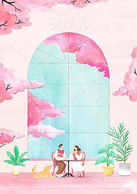 전신 PSD 한마리 커플 여자 남자 꽃잎 화분 반려견 분홍색 의자 일러스트 창문 탁자 수채화 앉기 성인 두명 마주보기 봄 카페 벚꽃 벚나무 강아지 감성 성인만 국내일러스트 나무 1 계절 꽃 컬러 가구 컨셉 관계 모션 사람 반려동물 상점 개 파일형식