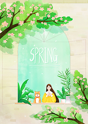 PSD 나무 한마리 여자 꽃 화분 반려견 일러스트 창문 수채화 한명 상반신 성인 타이포그라피 글자캘리그라피 초록색 봄 나뭇가지 강아지 창가 감성 베이지색 성인여자한명만 국내일러스트 식물 문자 1 계절 컬러 컨셉 캘리그라피 사람 반려동물 개 여자한명만 성인여자만 파일형식