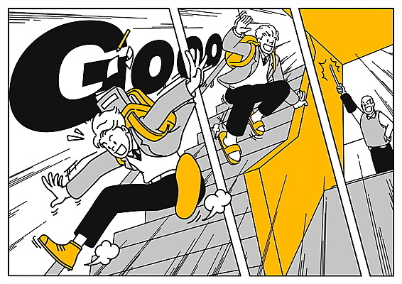 전신 PSD 남자 교복 허리손 일러스트 청소년 책가방 들기 상반신 성인 타이포그라피 세명 달리기 노란색 계단 점프 교사 회색 복도 만화 신학기 지시봉 카툰스타일 남자만 십대만 국내일러스트 직업 문자 옷 컬러 포즈 가방 모션 사람 파일형식