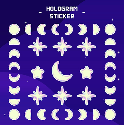 별 스티커 일러스트 밤하늘 사람없음 반짝임 세트 보라색 보름달 달 초승달 팬시 반달 홀로그램 국내일러스트 AI파일 자연요소 컬러 모션 하늘 야간 파일형식 벡터