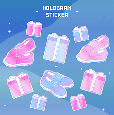 분홍색 하늘색 운동화 스티커 일러스트 사람없음 선물상자 반짝임 세트 팬시 홀로그램 국내일러스트 AI파일 컬러 신발 모션 선물 파란색 상자 파일형식 벡터