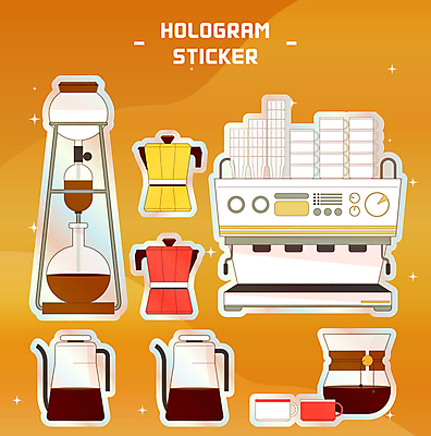 스티커 일러스트 사람없음 반짝임 세트 갈색 주황색 커피잔 커피메이커 팬시 에스프레소머신 핸드드립 홀로그램 모카포트 콜드브루 국내일러스트 AI파일 커피 컬러 모션 주전자 잔 커피용품 파일형식 벡터