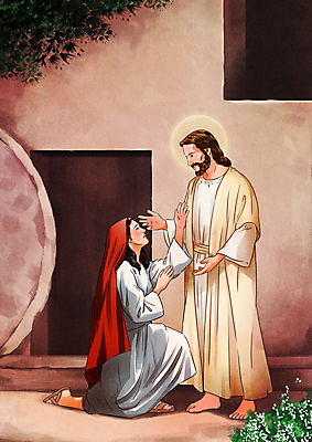 전신 PSD 여자 남자 기독교 일러스트 서기 성인 두명 손들기 마주보기 만남 풀 예수 무릎꿇기 성경이야기 부활 마리아 성인만 국내일러스트 식물 종교 컨셉 모션 이야기 사람 신_종교 파일형식