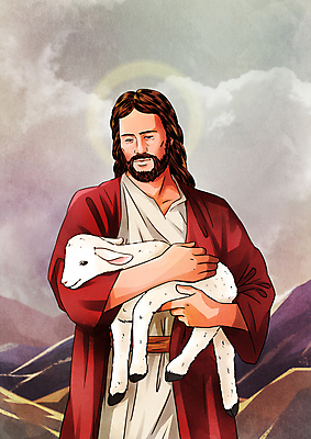 PSD 구름 한마리 응시 남자 기독교 일러스트 하늘 한명 미소 상반신 성인 양 예수 성경이야기 성인남자한명만 들어올리기 국내일러스트 자연요소 1 시선 종교 포유류 모션 표정 이야기 사람 신_종교 남자한명만 성인남자만 파일형식