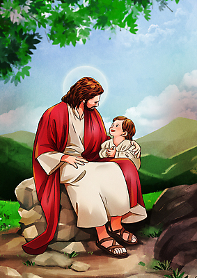 전신 PSD 구름 여자 남자 기독교 어린이 일러스트 하늘 나뭇잎 이야기 대화 앉기 소녀 상반신 성인 두명 마주보기 바위 예수 성경이야기 어깨에손 국내일러스트 자연요소 종교 잎 모션 말하기 사람 돌_바위 신_종교 파일형식