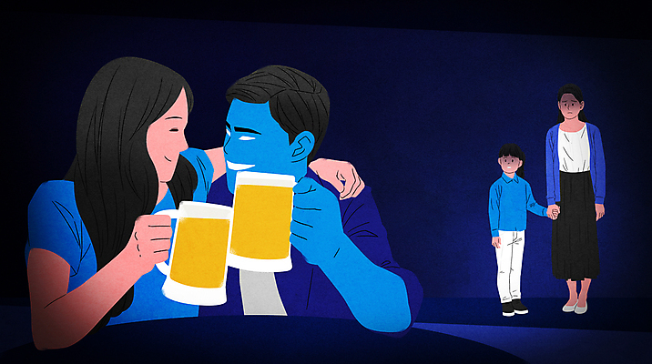 전신 PSD 여자 남자 아들 어린이 일러스트 남편 어깨동무 맥주 서기 웃음 들기 소년 여러명 상반신 성인 파란색 손잡기 아내 아빠 사회이슈 외면 건배 맥주잔 갈등 나쁜 가정문제 이혼 양육비 국내일러스트 컬러 포즈 다수 컨셉 술잔 가족 모션 주류 표정 사람 파일형식 비용