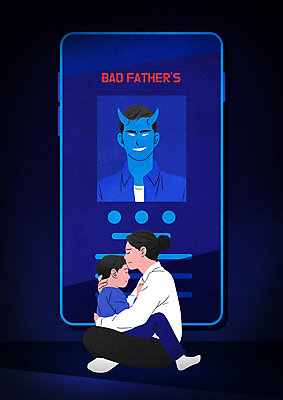 전신 PSD 여자 남자 아들 어린이 일러스트 포옹 엄마 미소 앉기 소년 상반신 성인 세명 스마트폰 눈감음 슬픔 아빠 악마 사회이슈 눈물 갈등 가정문제 명단 이혼 양육비 국내일러스트 감정 컨셉 가족 안기 모션 표정 사람 핸드폰 스마트기기 파일형식 비용