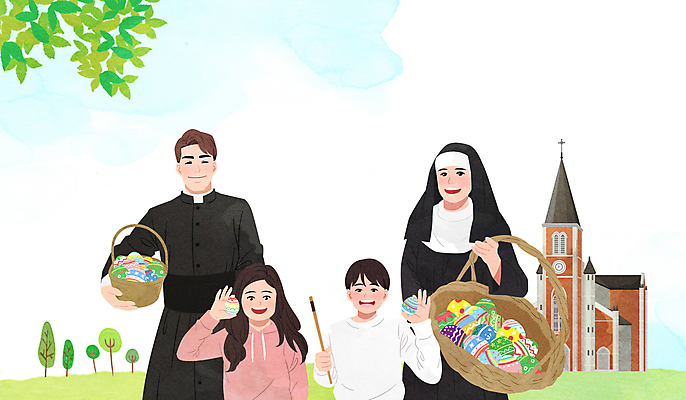 PSD 나무 여자 남자 기독교 어린이 일러스트 하늘 나뭇잎 웃음 들기 소녀 소년 여러명 상반신 성인 성당 바구니 천주교 붓 부활절계란 수녀 신부님 국내일러스트 식물 종교 다수 잎 종교건축 모션 부활절 표정 사람 계란 파일형식