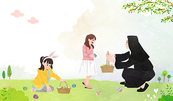 전신 PSD 나무 구름 여자 기독교 어린이 일러스트 나뭇잎 들기 소녀 성인 세명 바구니 천주교 풀 무릎꿇기 담기 부활절계란 수녀 웅크림 여자만 줍기 국내일러스트 자연요소 식물 종교 잎 모션 부활절 사람 계란 파일형식