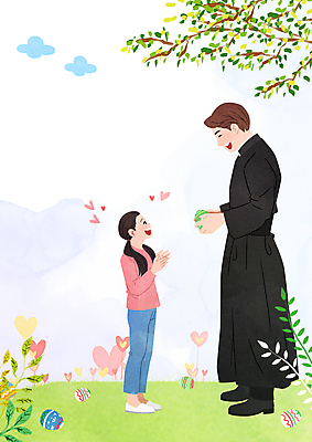 전신 PSD 구름 여자 남자 기독교 어린이 일러스트 나뭇잎 들기 소녀 성인 두명 마주보기 천주교 나뭇가지 하트 풀 주기 전달 부활절계란 신부님 국내일러스트 자연요소 모양 나무 식물 종교 잎 모션 부활절 사람 계란 파일형식