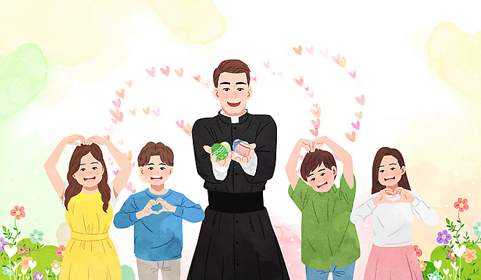 PSD 여자 남자 꽃 기독교 어린이 일러스트 웃음 들기 소녀 소년 여러명 상반신 성인 천주교 하트 부활절계란 보여주기 손하트 신부님 국내일러스트 모양 식물 종교 다수 모션 부활절 표정 사람 손짓 계란 파일형식