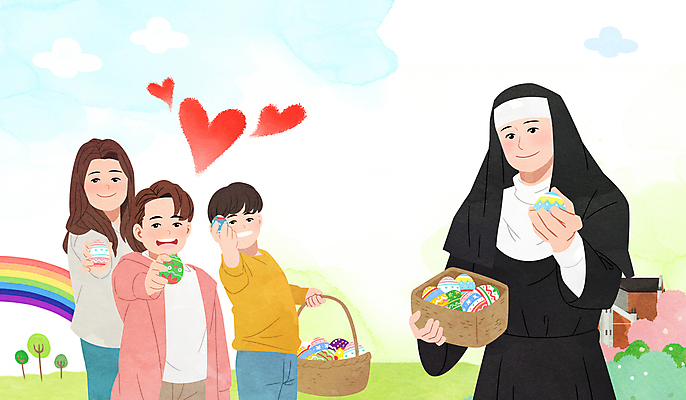 PSD 나무 여자 남자 기독교 어린이 무지개 일러스트 웃음 들기 소녀 소년 여러명 상반신 성인 바구니 천주교 하트 부활절계란 보여주기 수녀 국내일러스트 자연요소 모양 식물 종교 다수 모션 부활절 표정 사람 계란 파일형식