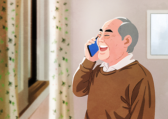 PSD 노년 남자 행복 일러스트 가족 집안 한명 웃음 들기 상반신 스마트폰 기쁨 커튼 창가 통화 안부 반가움 노인남자한명만 연락 소식_알림 국내일러스트 1 감정 컨셉 창문 관계 모션 실내 표정 사람 성인 핸드폰 스마트기기 남자한명만 노인남자만 파일형식