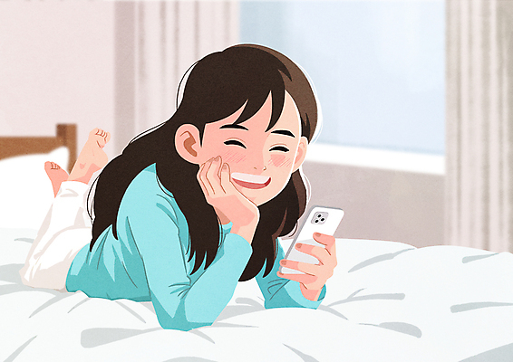 전신 PSD 여자 엎드리기 일러스트 사랑 한명 웃음 들기 성인 스마트폰 턱괴기 기쁨 침대 커튼 창가 연애 설레임 성인여자한명만 연락 소식_알림 국내일러스트 1 감정 가구 컨셉 창문 모션 표정 사람 핸드폰 스마트기기 여자한명만 성인여자만 파일형식