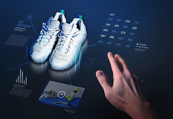 PSD 편집이미지 손 운동화 신체부위 쇼핑 반사 디지털 스크린 정보 구매 상품 남색 스마트 사이즈 디지털산업 동영상 손뻗기 발사이즈 홀로그램 증강현실 이미지편집 산업 컬러 신발 컨셉 모션 사람 파일형식