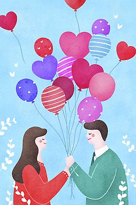 PSD 커플 여자 남자 하늘색 일러스트 사랑 상반신 성인 두명 마주보기 눈감음 하트 하트풍선 풍선 풍선잡기 성인만 국내일러스트 모양 감정 관계 모션 사람 파란색 잡기 파일형식