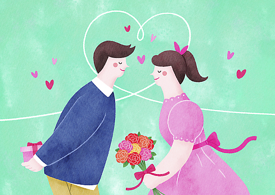 PSD 커플 원피스 여자 남자 리본 꽃다발 일러스트 선물 사랑 들기 상반신 성인 두명 선물상자 마주보기 눈감음 하트 민트색 성인만 국내일러스트 모양 옷 꽃 감정 컬러 관계 모션 사람 상자 파일형식