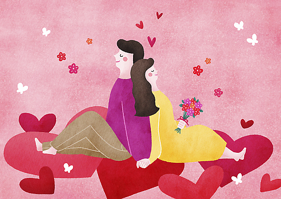 전신 PSD 커플 여자 남자 분홍색 꽃다발 나비 일러스트 휴식 사랑 앉기 성인 두명 눈감음 손잡기 기댐 등맞대기 하트 힐링 성인만 국내일러스트 모양 꽃 감정 컬러 곤충 컨셉 관계 모션 사람 파일형식