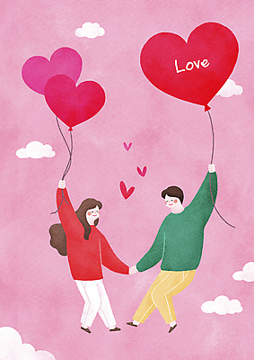 전신 PSD 구름 커플 여자 남자 분홍색 일러스트 하늘 함께함 매달리기 사랑 성인 두명 눈감음 손잡기 하트 비행 하트풍선 성인만 국내일러스트 자연요소 모양 감정 컬러 컨셉 관계 모션 사람 풍선 파일형식