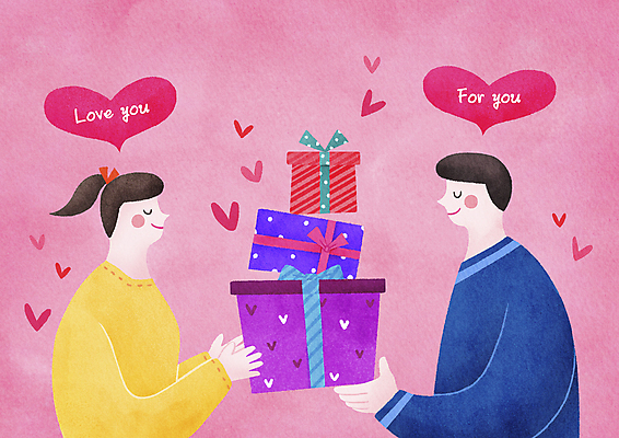 PSD 커플 여자 남자 분홍색 말풍선 일러스트 선물 사랑 들기 상반신 성인 두명 선물상자 쌓기 마주보기 눈감음 하트 애정표현 주기 전달 성인만 국내일러스트 모양 감정 컬러 관계 모션 사람 상자 표현 파일형식