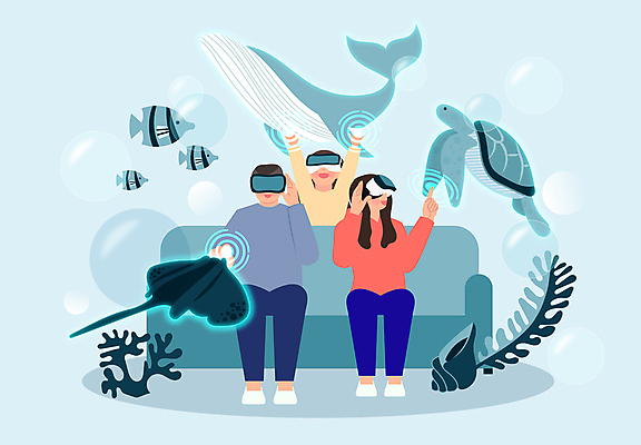 전신 여자 남자 어린이 하늘색 일러스트 가족 앉기 소녀 상반신 성인 세명 바닷속 터치 소라 고래 열대어 가오리 디지털산업 바다거북 가상공간 가상현실 VR기기 메타버스 국내일러스트 AI파일 산업 포유류 관계 모션 어패류 어류 사람 파란색 디지털 수중 수중동물 기계 거북이 파일형식 벡터