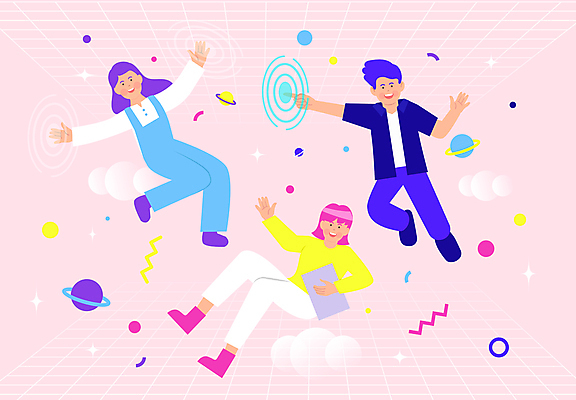 전신 여자 남자 분홍색 일러스트 미소 들기 성인 세명 친구 손들기 행성 터치 인사 디지털산업 가상공간 가상현실 성인만 메타버스 국내일러스트 AI파일 산업 컬러 관계 모션 표정 사람 우주 디지털 예절 파일형식 벡터