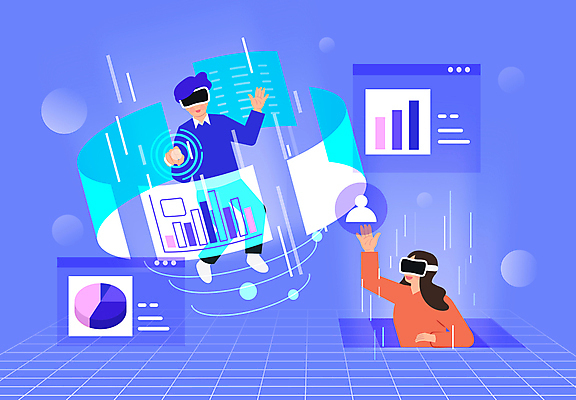 전신 여자 남자 일러스트 회사 그래프 사람모양 상반신 성인 두명 스크린 보라색 터치 업무 비즈니스맨 비즈니스우먼 디지털비즈니스 가상공간 가상현실 성인만 VR기기 메타버스 국내일러스트 AI파일 모양 컬러 비즈니스 사람 기계 작업 직장인 파일형식 벡터