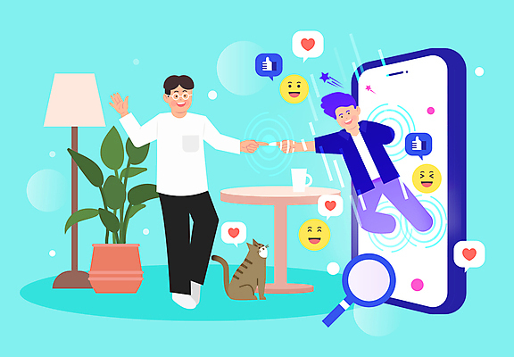 전신 한마리 남자 별 화분 하늘색 말풍선 거실 일러스트 웃음 상반신 성인 두명 스마트폰 손들기 고양이 터치 하트 최고 손모양 디지털산업 이모티콘 손뻗기 가상공간 아바타 가상현실 성인남자만 반려묘 나오기 메타버스 국내일러스트 AI파일 자연요소 모양 1 산업 포유류 모션 표정 사람 파란색 핸드폰 스마트기기 반려동물 디지털 남자만 성인만 파일형식 벡터 손_신체부위