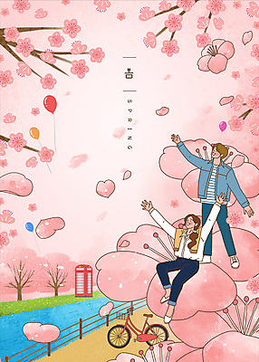 전신 PSD 여자 남자 꽃잎 분홍색 일러스트 서기 앉기 성인 두명 강 손들기 자전거 봄 만세 벚꽃 벚나무 풍선 성인만 국내일러스트 나무 계절 꽃 컬러 모션 사람 바이크 파일형식